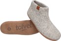Lichtgrijs wollen enkellaars pantoffel, met bruine leren label en uitneembare binnenzool.