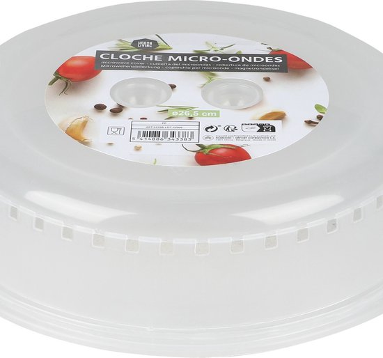 Transparant magnetrondeksel met ventilatiegaatjes en een etiket met tomaten, knoflook en kruiden, doorsnede 26,5 cm.