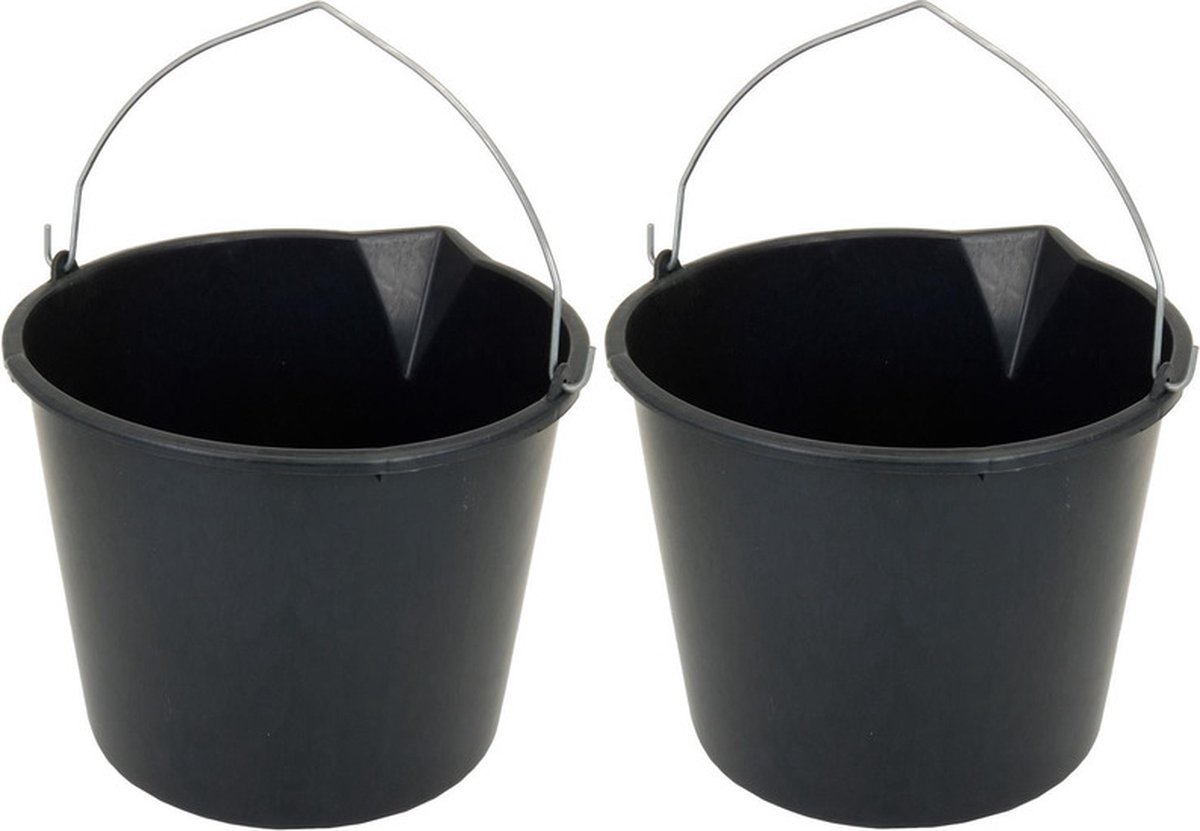 Goedkoopste 2x Stevige zwarte huishoud emmer 12 liter met tuit - Huishoudelijke producten - Huishoudemmers/klusemmers/bouwemmers/schoonmaakemmers