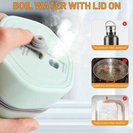 Hiullen Kleine draagbare waterkoker, draagbare elektrische waterkoker, 3-in-1 mini-thermoskan reiskoker voor thee, melk, koffie, kookt snel in 5 minuten, lichtgroen