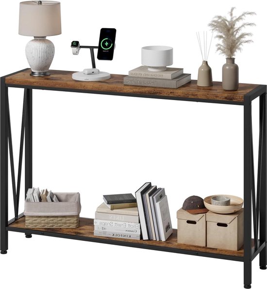 LUNSY Consoletafel smal met planken, houten consoletafel 100 x 23 x 80 cm, vintage kleur met stabiel metalen frame, gangtafel voor kleine ruimtes, hal, entree, woonkamer