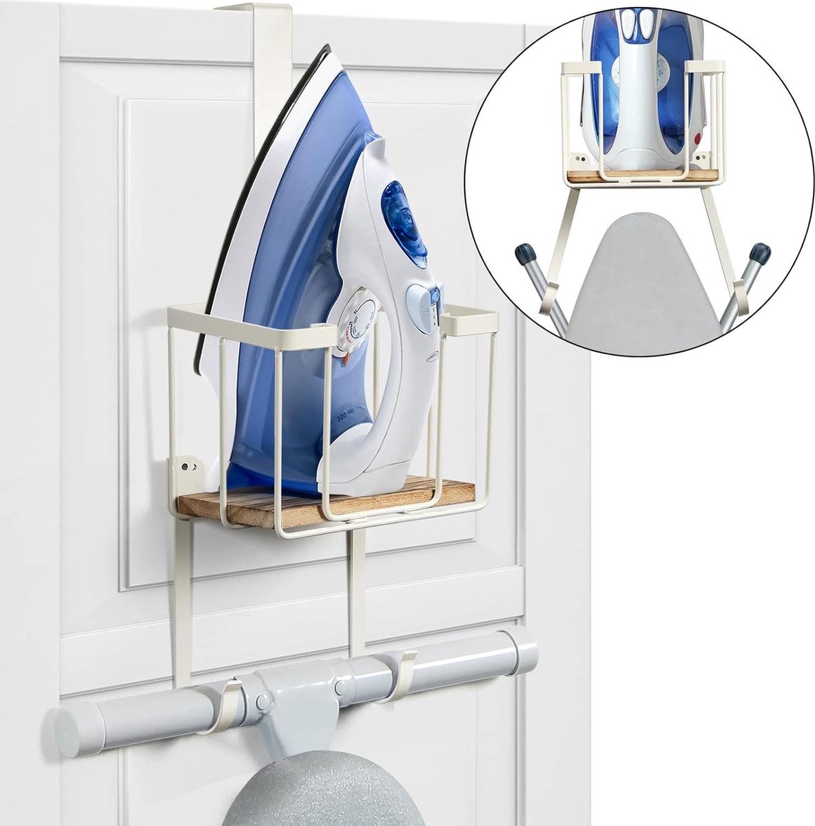 Goedkoopste Strijkplankhouder met grote opbergmand - voor wasruimte - houdt strijkijzer en plank - spuitfles opberghouder ophangsysteem strijkplank