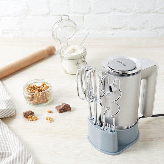 Handmixer met opbergbasis - 5 snelheden - Deeghaken - Kloppers - Turbofunctie - Uitwerpfunctie - Garde - Kneden - 300W - Zilver — afbeelding 4