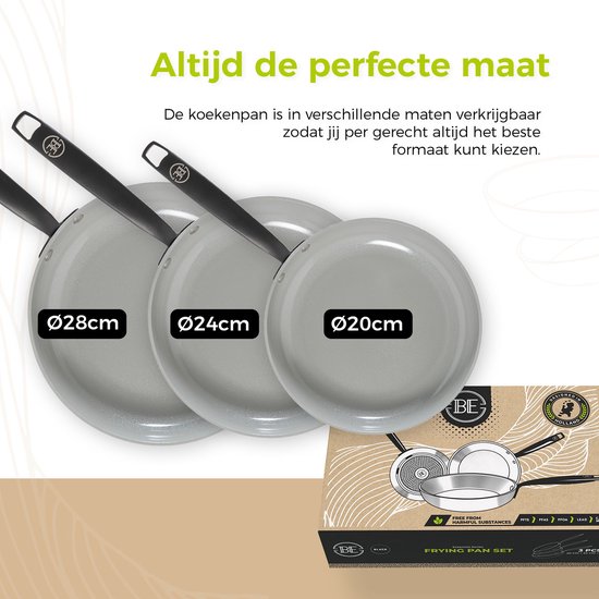 Drie grijze koekenpannen van 20, 24 en 28 cm met zwarte handvatten.