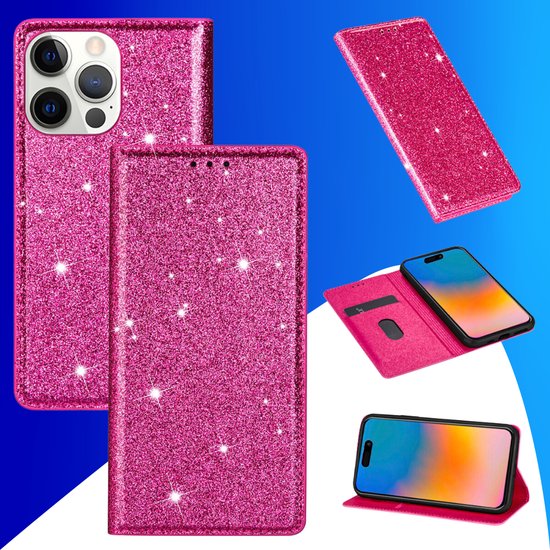 Coque adaptée pour iPhone 16 - Bookcase - Porte-cartes - Portefeuille - Glitter - TPU - Rose