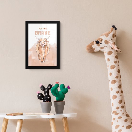 Poster in lijst - Fotolijst 20x30 cm - Posters - Yak - Oranje - Quote - 'You are brave' - Posterlijst zwart - Kamer decoratie - Wanddecoratie kinderkamer - Muurdecoratie babykamer