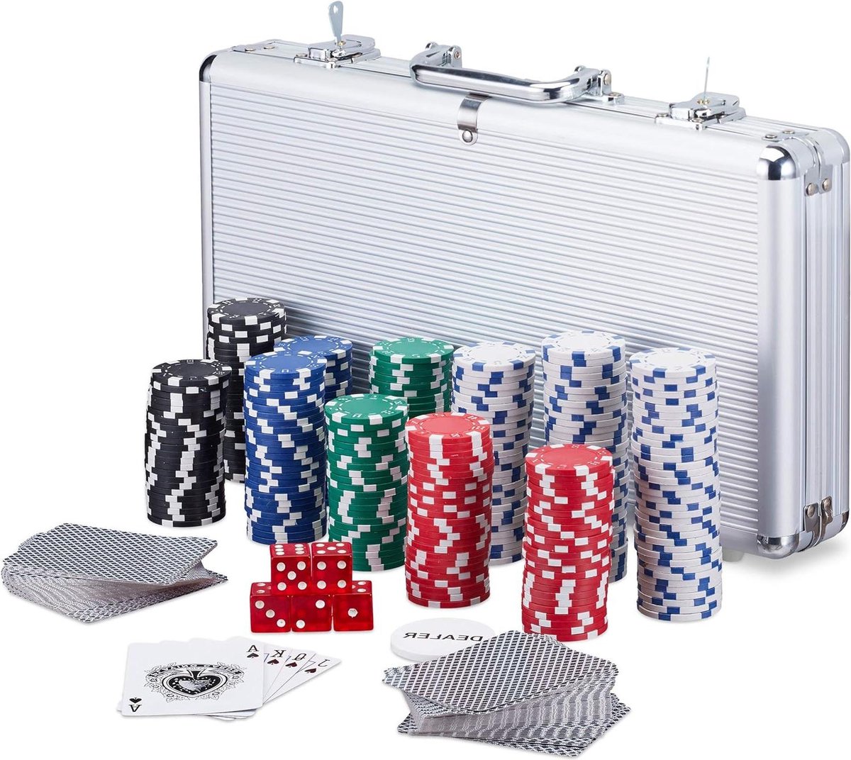 Laserchips 300 2 kaartspellen 5 dobbelstenen pokerkoffer afsluitbare aluminium koffer zilver Pokerset