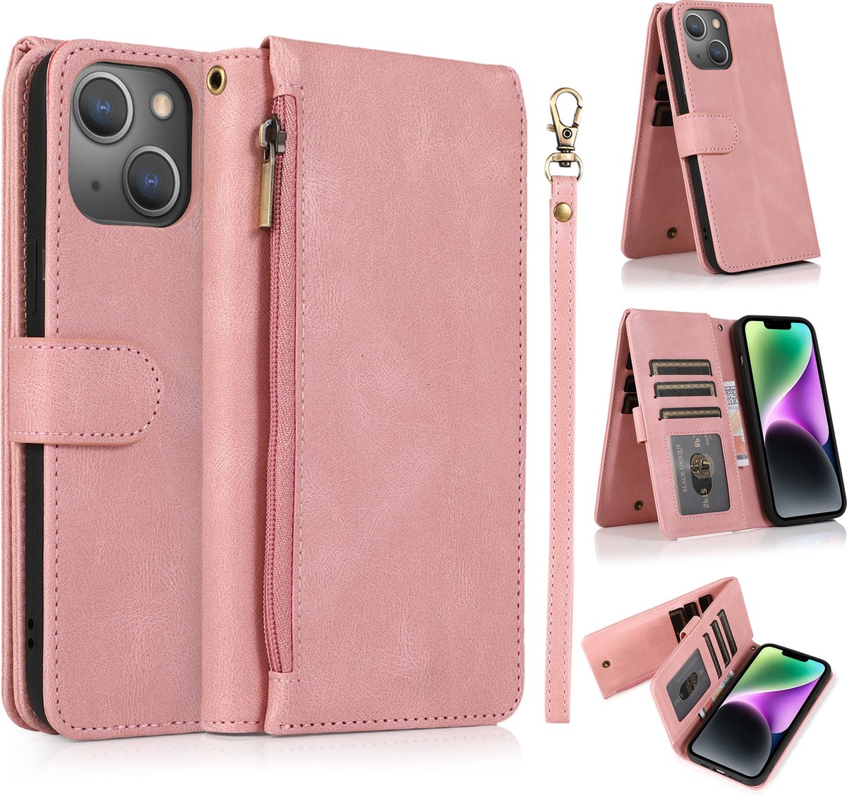 Hoesje geschikt voor iPhone 16 Pro - Bookcase - Pasjeshouder - Portemonnee - Rits - Kunstleer - Rose Goud