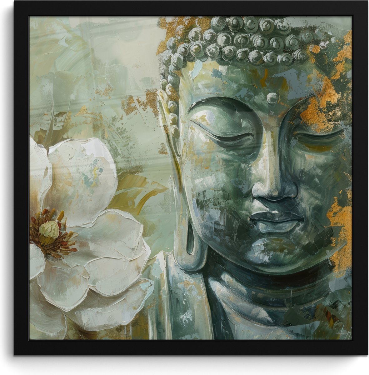 FrameYourWall Poster in lijst - Fotolijst 40x40 cm - Posters - Boeddha - Groen - Lotusbloem - Wit - Posterlijst zwart - Decoratie - Wanddecoratie woonkamer - Muurdecoratie slaapkamer