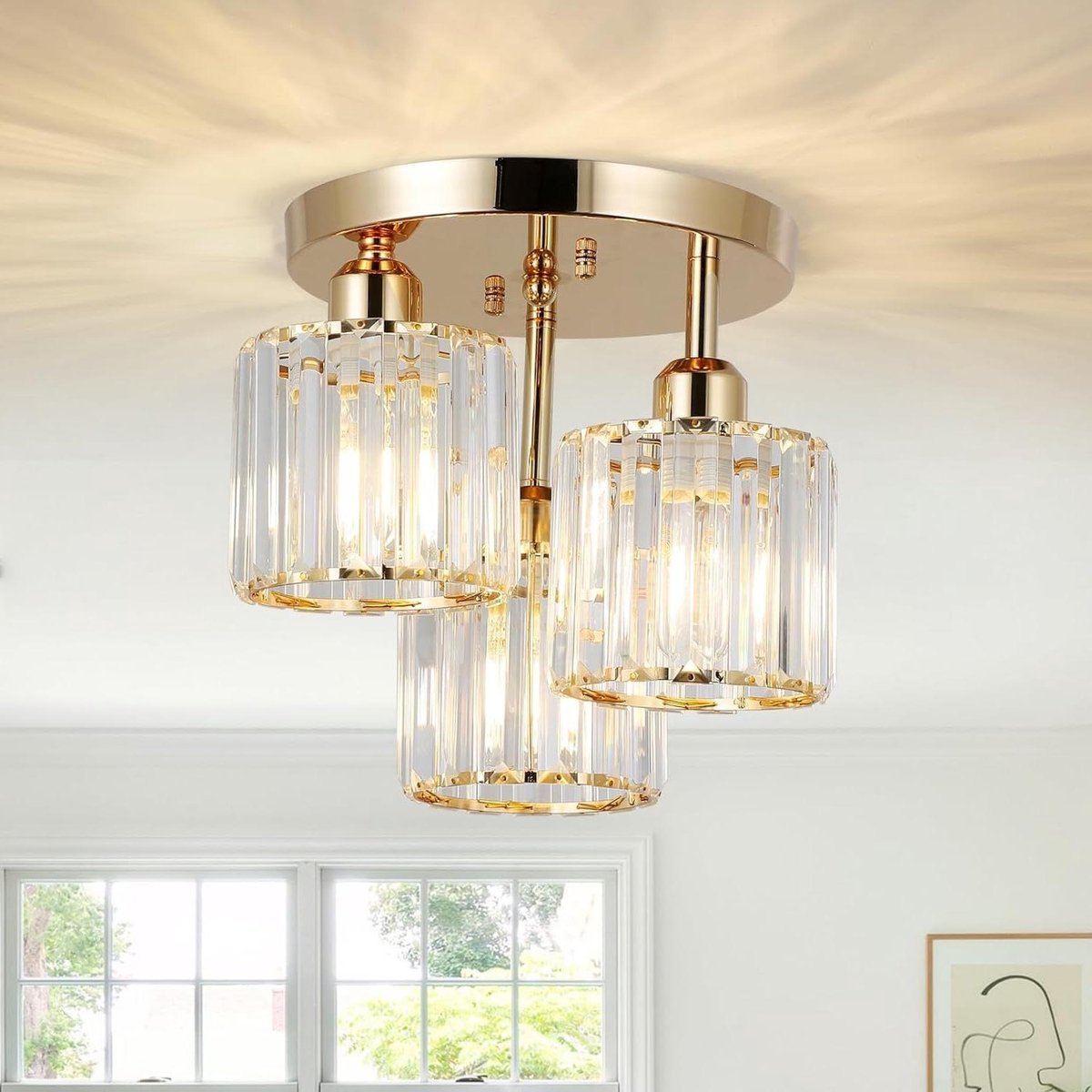 LuxiLamps - Kristallen Kroonluchter - 3 Kop Crystal Plafondlamp - K9-Kristal - E27 - Goud - Verlichting - Plafonnière