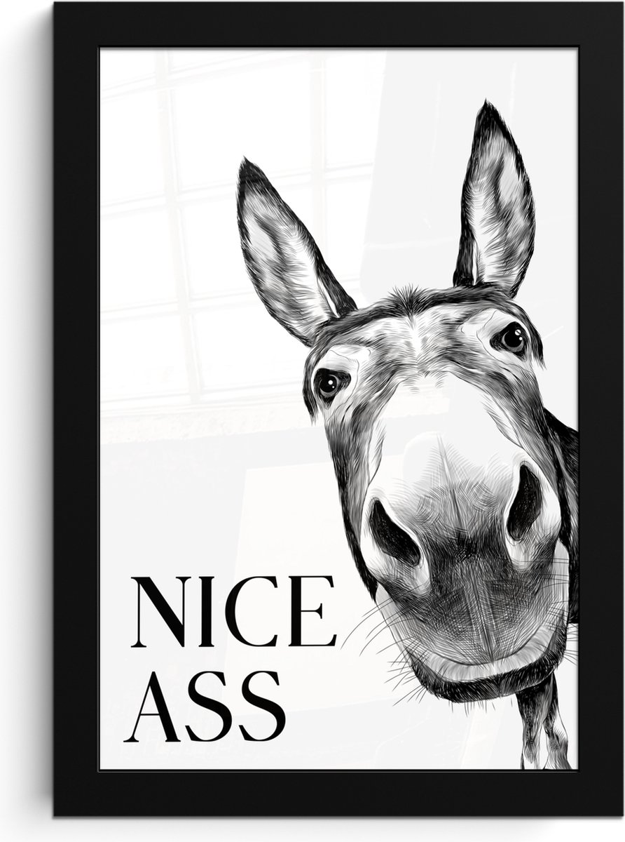 FrameYourWall Poster in lijst - Fotolijst 20x30 cm - Posters - Quote - Ezel - Dieren - Nice ass - Spreuken - Posterlijst zwart - Wanddecoratie badkamer - Muurdecoratie WC - Decoratieve accessoires - Toilet muur decoratie