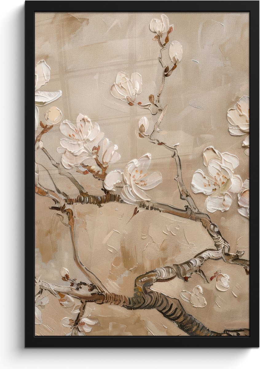 FrameYourWall Poster in lijst - Fotolijst 40x60 cm - Posters - Bloemen - Modern - Beige - Wit - Bloesem - Posterlijst zwart - Decoratie - Wanddecoratie woonkamer - Muurdecoratie slaapkamer