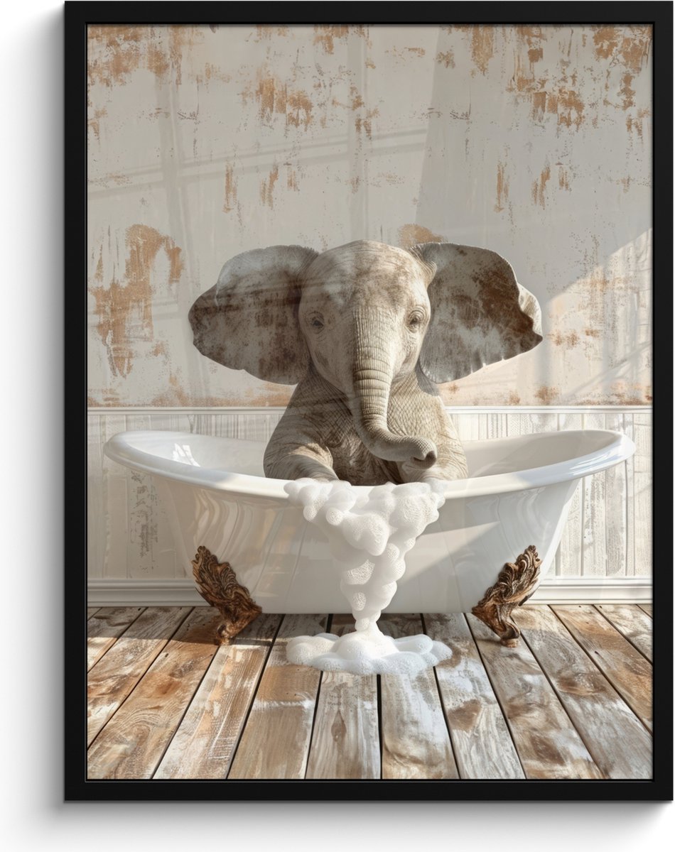 FrameYourWall Poster in lijst - Fotolijst 60x80 cm - Posters - Vintage - Olifant - Badkuip - Schuim - Wilde dieren - Posterlijst zwart - Wanddecoratie badkamer - Muurdecoratie WC - Decoratieve accessoires - Toilet muur decoratie