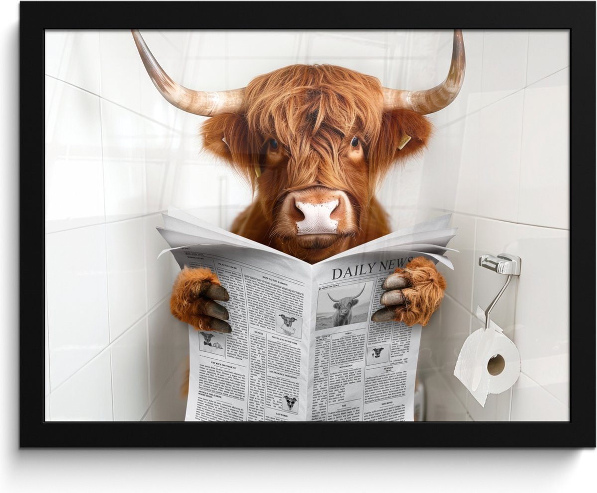 FrameYourWall Poster in lijst - Fotolijst 40x30 cm - Posters - Schotse Hooglander - Dier - Krant - Toilet - Posterlijst zwart - Wanddecoratie badkamer - Muurdecoratie WC - Decoratieve accessoires - Toilet muur decoratie Schotse hooglander - WC