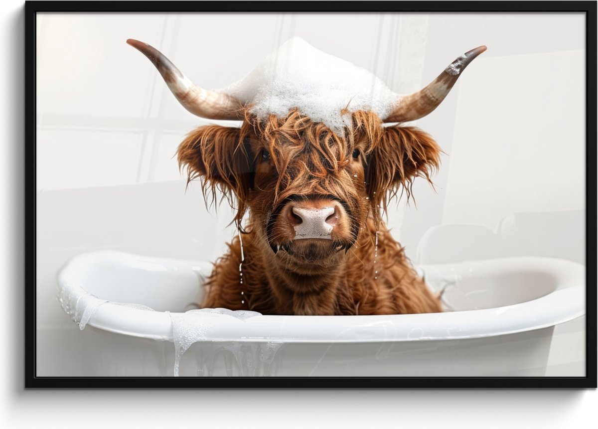 FrameYourWall Poster in lijst - Fotolijst 120x80 cm - Posters - Schotse Hooglander - Bad - Koe - Dieren - Schuim - Posterlijst zwart - Wanddecoratie badkamer - Muurdecoratie WC - Decoratieve accessoires - Toilet muur decoratie