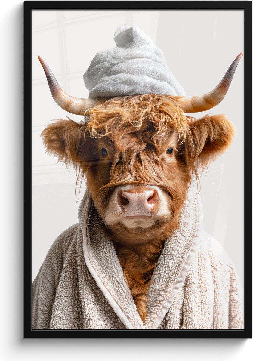 FrameYourWall Poster in lijst - Fotolijst 60x90 cm - Posters - Schotse hooglander - Badjas - Koe - Dieren - Posterlijst zwart - Wanddecoratie badkamer - Muurdecoratie WC - Decoratieve accessoires - Toilet muur decoratie