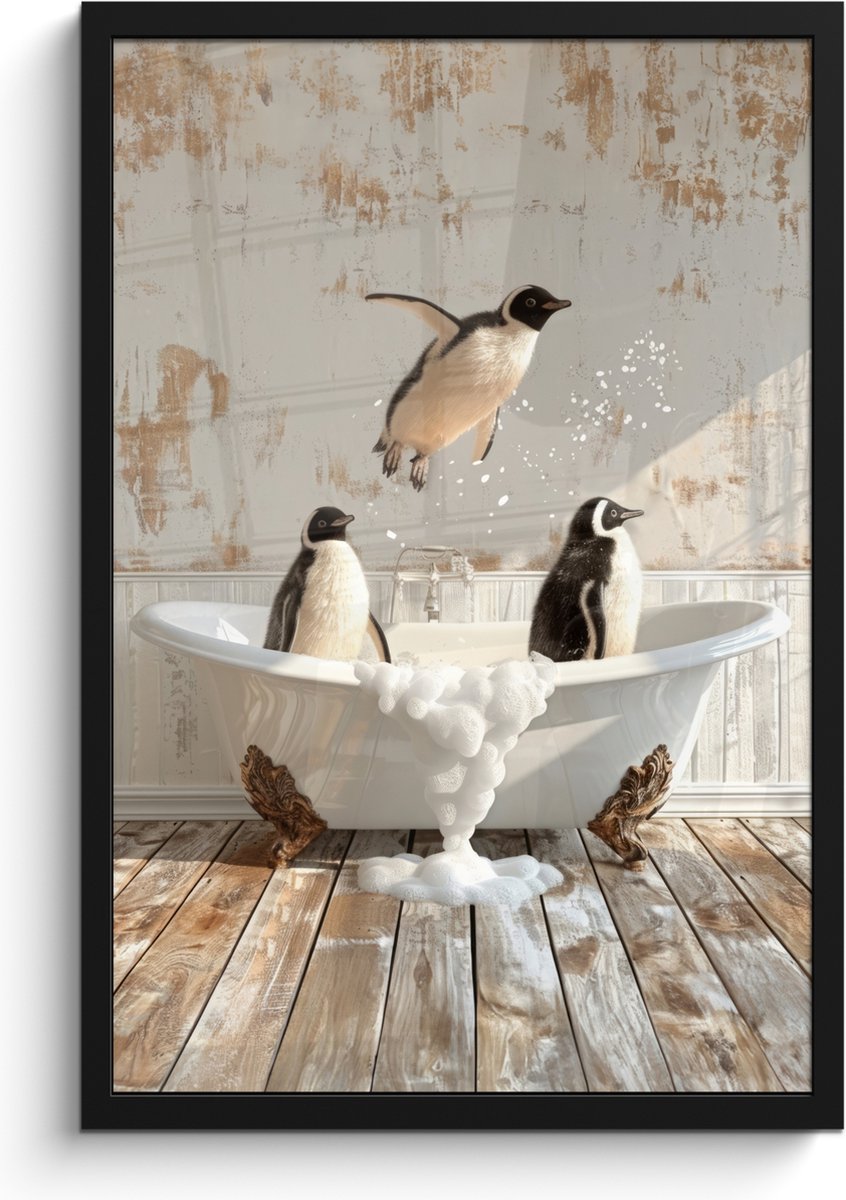 FrameYourWall Poster in lijst - Fotolijst 40x60 cm - Posters - Vintage - Pinguïn - Badkuip - Schuim - Posterlijst zwart - Wanddecoratie badkamer - Muurdecoratie WC - Decoratieve accessoires - Toilet muur decoratie Pinguïns - Badkuip