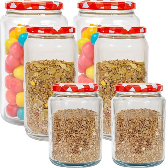 Hega Hogar Bocaux à conserves/ pots de conservation set Classico - 6x pièces - 500/950/1500 ml - plastique - rouge - couvercle rotatif