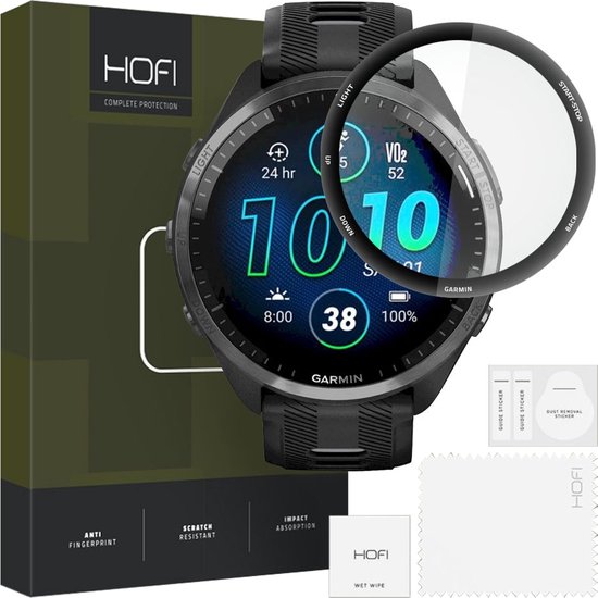 HOFI Hybrid Pro+ screenprotector voor Garmin Forerunner 965, met de zwarte smartwatch en accessoires.