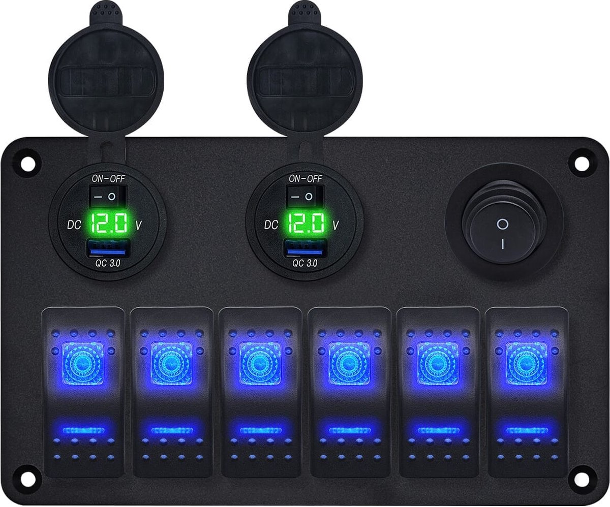ProRide Schakelpaneel 12V voor Auto/Boot - USB Lader 4 Poorten met Schakelaar - 5V/2.4A - 6 Schakelaars