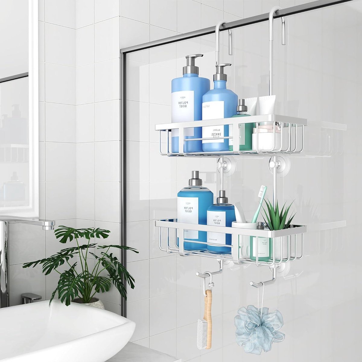 Panier Suspendu Salle De Bain à Double Drainage - Gris, 35,5x25cm - Rangement Shampoing, Gel Douche - Amovible - 2