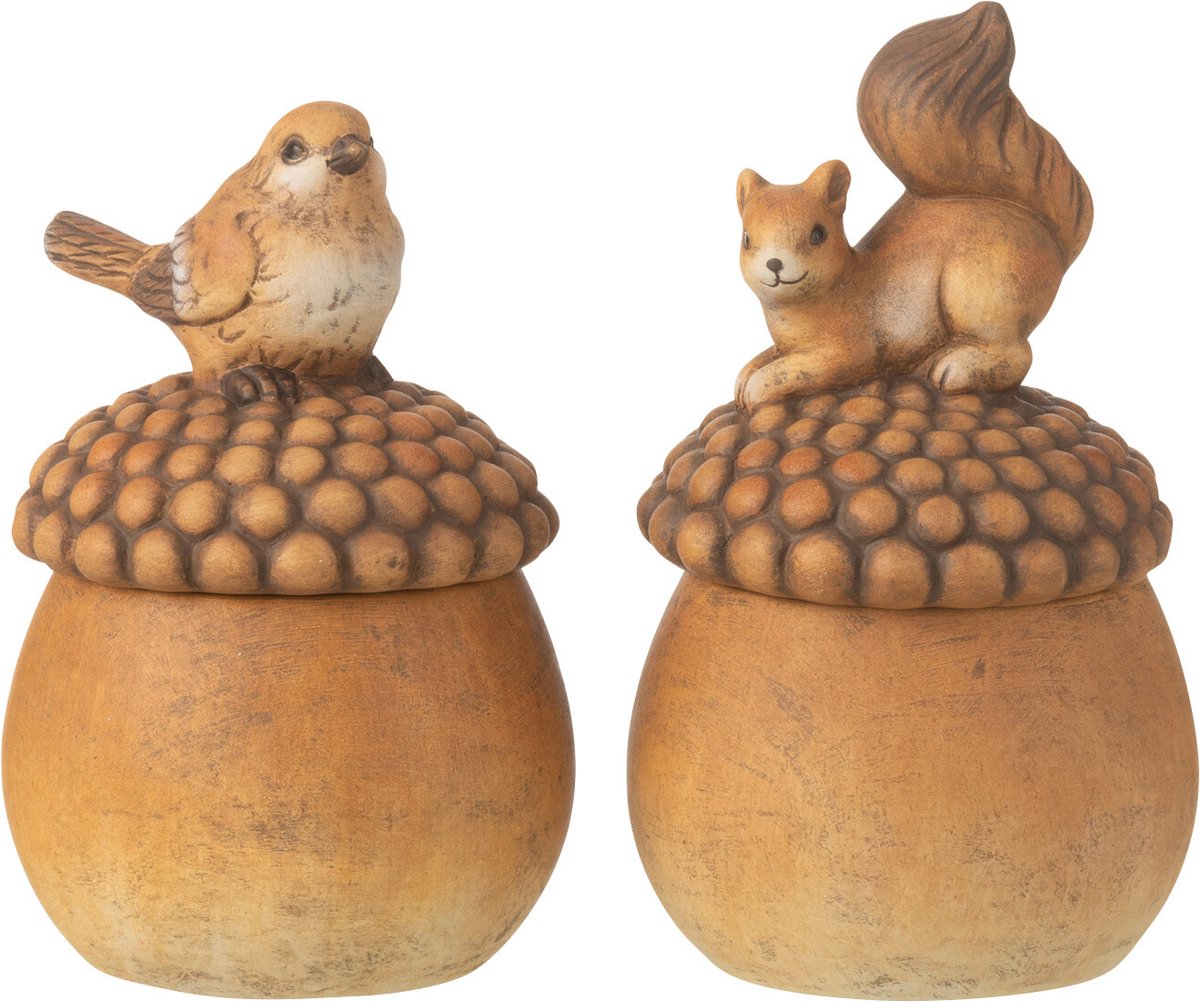 figuur Vogel + Eekhoorn op eikel - porselein - bruin - small - 2 stuks