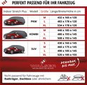 Tabel met autotypes (PKW, Kombi, SUV) en maten (M, L, XL) met afmetingen in cm.