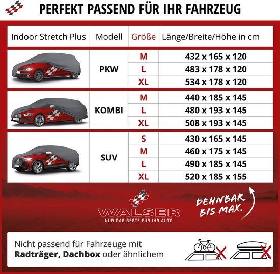 Tabel met autotypes (PKW, Kombi, SUV) en maten (M, L, XL) met afmetingen in cm.