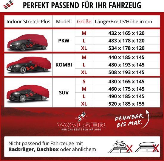 Maattabel voor autoverdelingen voor auto's, kombi's en SUV's, met afmetingen.