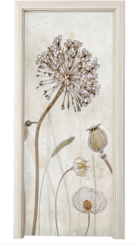 Deurposter 95x235 cm - Deursticker Bloemen - Waterverf - Stilleven - Bruin - Vintage - Meubelfolie zelfklevend - Deurfolie woonkamer - Interieurfolie fotobehang - Deur plakfolie - Deurstickers - Deurbehang sticker - Kamer decoratie