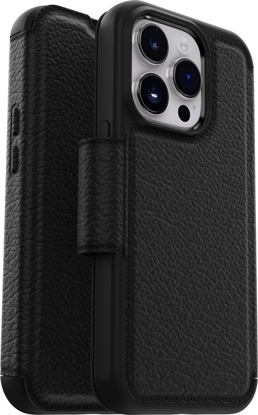 Zwarte Otterbox Strada bookcase met lederen textuur, met camera-uitsparing en sluitlipje.