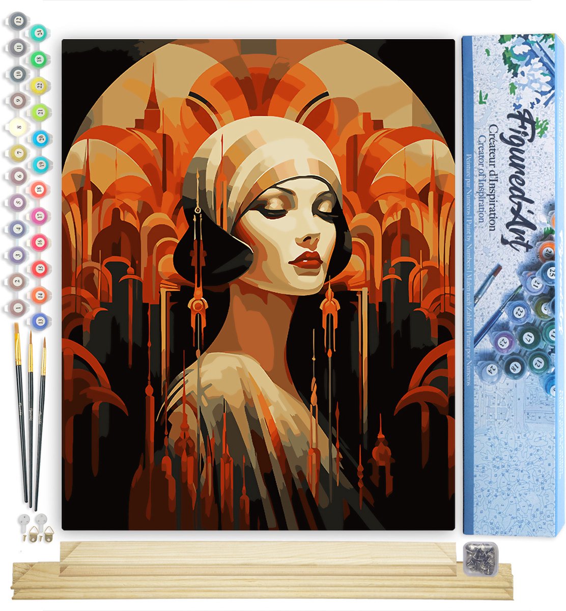 Figured'Art Schilderen op Nummer Volwassenen canvas Art Deco Vrouw- Handwerk acrylverf Kit DIY Compleet - 40x50cm met DIY houten lijst