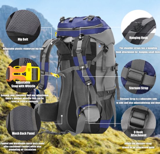 Avoir Avoir®-Sac à dos-Randonnée - Blauw- Sac à dos de randonnée ultime 60L - Résistant à l'eau - Compartiment principal spacieux - Bretelles réglables - Panneaux arrière en mesh - Polyester -32cm x 20cm x 70cm-Bol.com