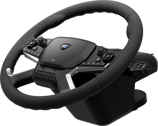 Zwart Hori Force Feedback stuurwiel met bedieningsknoppen en klembevestiging, op witte achtergrond.
