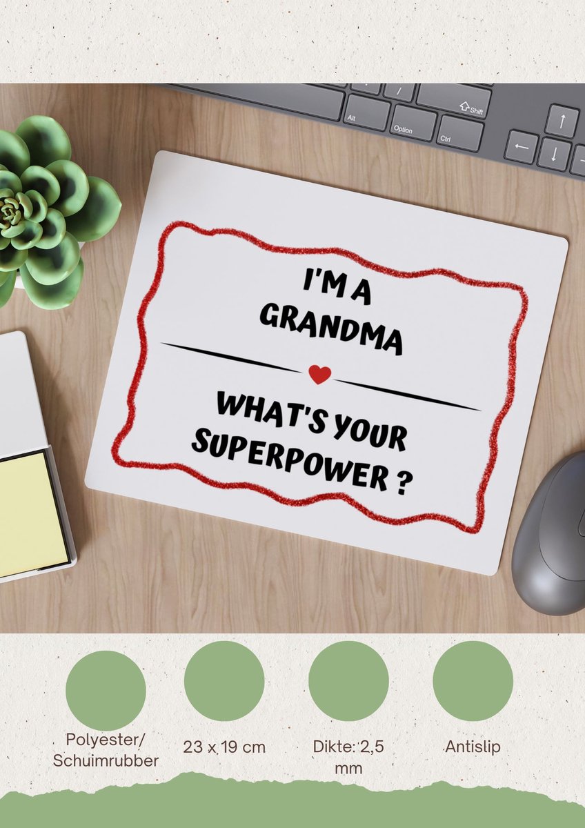 Akyol - i'm a grandma what's your superpower? Muismat - Oma - oma met superkracht - verjaardag - cadeautje voor oma - oma artikelen - kado - geschenk - 23 bij 19 cm