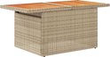 Beige polyrotan salontafel met houten blad, bestaande uit twee segmenten.