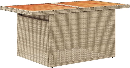 Beige polyrotan salontafel met houten blad, bestaande uit twee segmenten.