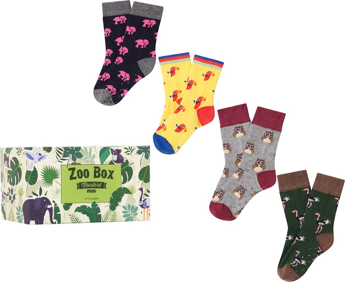 Goedkoopste Moustard - Sokken - Cadeaudoos - Zoo Box - Babysokken - 4 paar - maat 0-12 maanden