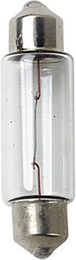 Een kleine, heldere glaslamp met metalen eindkapjes. Binnenin zit een draad. De lamp is op een witte achtergrond geplaatst.