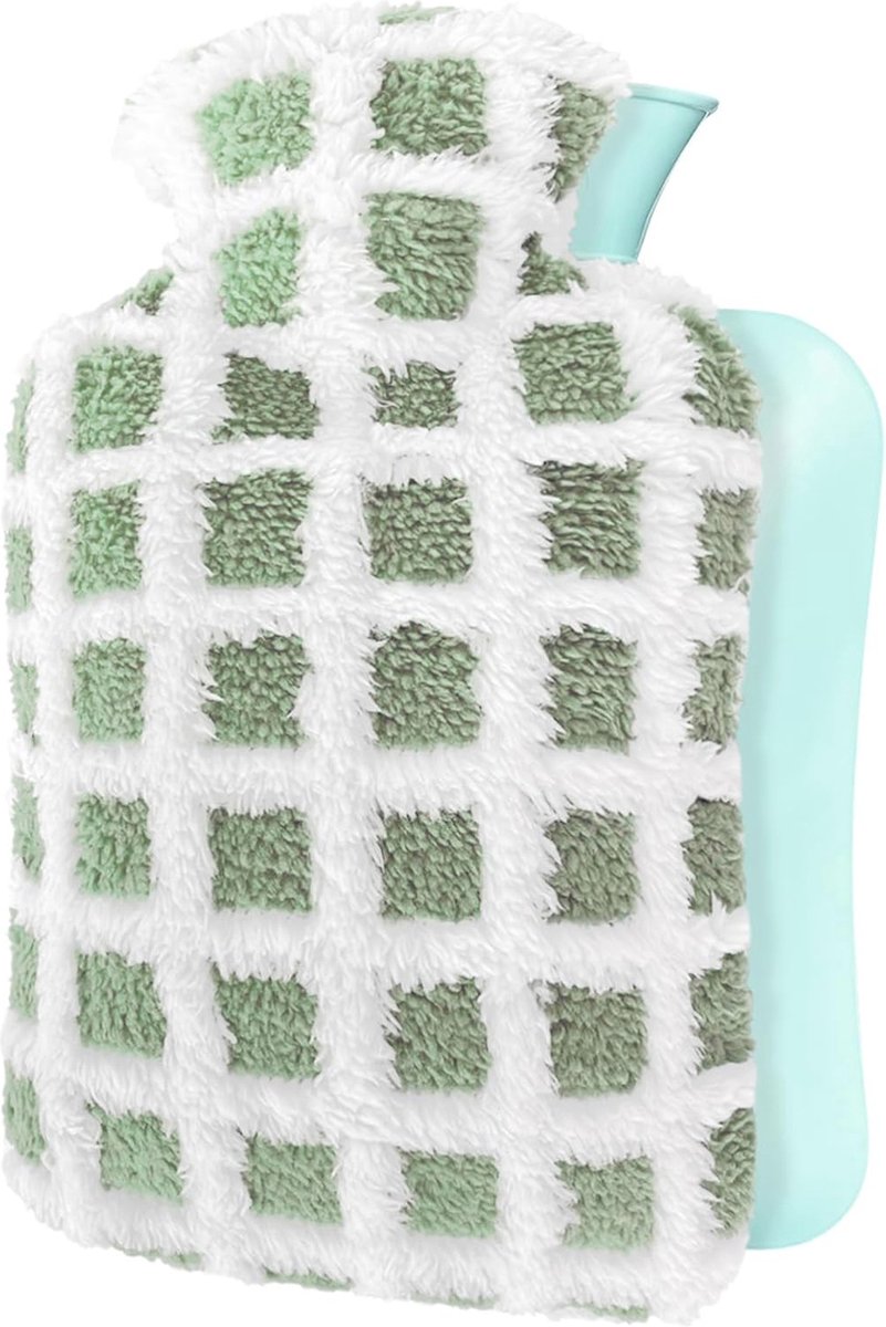Grote Warmwaterkruik met Deksel - Pluche Hoes voor Handwarmers - Verlichting bij Rug- en Menstruatiepijn - Koud en Warm Kompres - 1,5 Liter - Groen