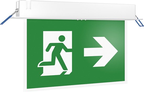 Wit noodverlichtingsarmatuur met uitklapbare montagedoornen, groen pictogram 'vluchtend figuur met pijl naar rechts'.