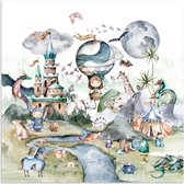 Poster kinderen - Kinderkamer decoratie - Kinderen - Luchtballon - Draak - Jongens - Kasteel - Waterverf - Schilderij voor kinderen - 100x100 cm - Poster kinderkamer