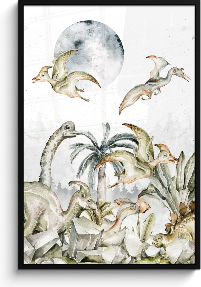 Poster in fotolijst kind - Dinosaurus - Kinderen - Jungle - Groen - Dieren - Natuur - Wanddecoratie jongens - Poster Dinosaurus - 80x120 cm - Schilderij voor kinderen