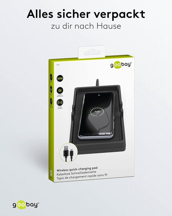 Verpakking van de GooBay draadloze snellaadmat met een smartphone erop.