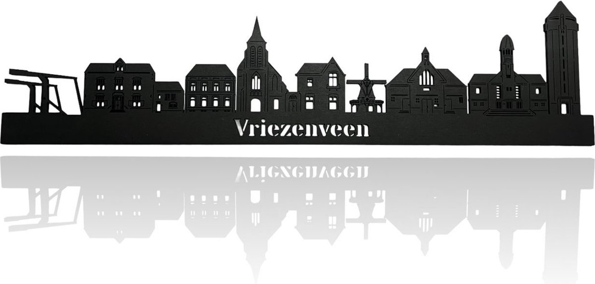 Skyline van Vriezenveen - Zwart-mdf - 60cm - Wanddecoratie van hout