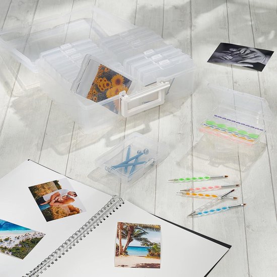 FAMKEEP Foto-opbergdoos, 16 kleurenfotodozen, foto-opbergdoos met zelfklevend etiket, plastic organizer voor het ordenen van foto's, postzegels, sieraden, zaden