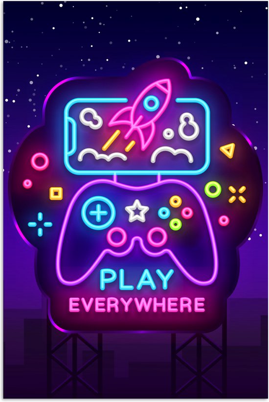 Game Poster - Gaming - Neon - Play - Blauw - Nacht - Controller - 60x90 cm