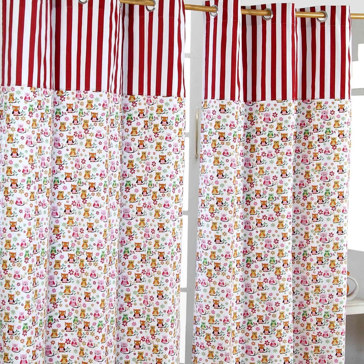 Homescapes gordijnen met oogjes uil rood roze wit set van 2 100% katoen, 137 x 117 cm Oranje/Wit