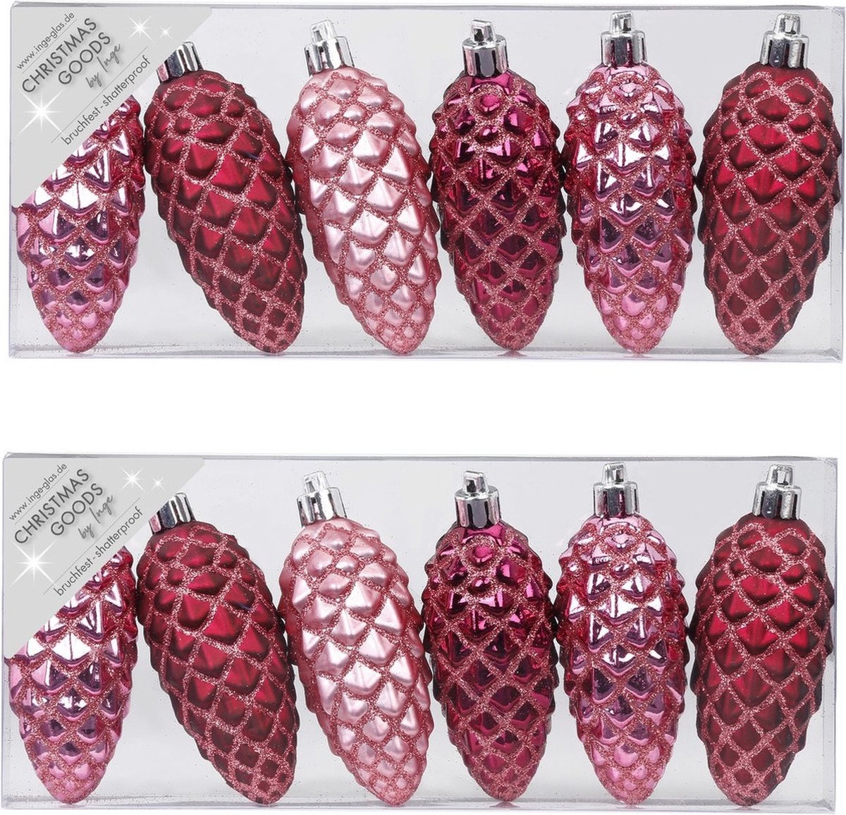 Roze kunststof kersthangers in de vorm van dennenappels, 9 cm lang, van Inge Glas.