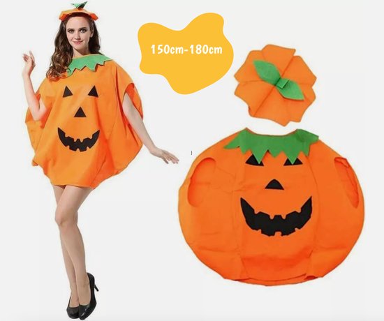 Oranje pompoen kostuum met groen bladkraagje en bijpassend pompoen-hoofddeksel. Een vrouw draagt het kostuum, met een losse pompoen-outfit ernaast.